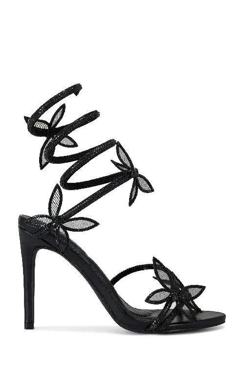 trendy sandals for fall-DANCY-BLACK FLOWER WRAP STILETTO SANDAL