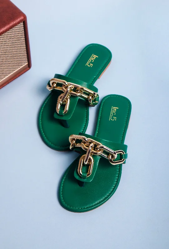 trendy flats for festivals-Women Green Embellished T-Strap Flats