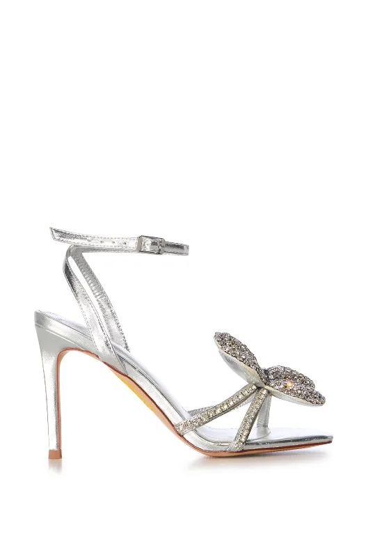 sandals sale near me-BEVIE-SILVER OVERSIZED FLORAL STILETTO SANDAL