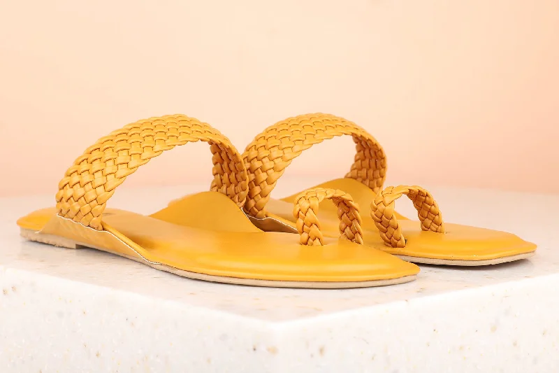 best flats for durability-Women Mustard Textured One Toe Flats