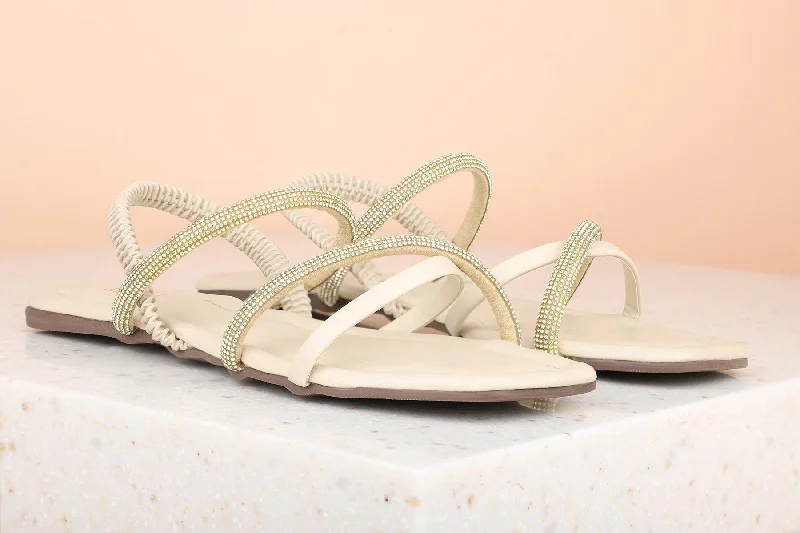 flats for minimalist decor-Women Beige Embellished Open Toe Flats