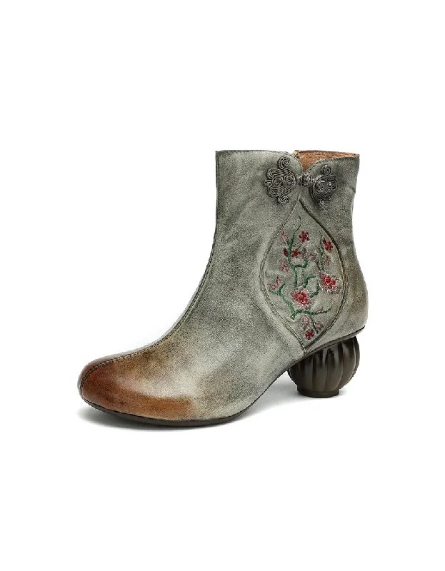 Boots for snowy wave-Chinese Buckle Ethnic Style Embroidery Chunky Heel Boots