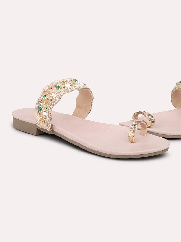 flats near green parks-Women Rose Gold Ethnic Embroidered One Toe Flats