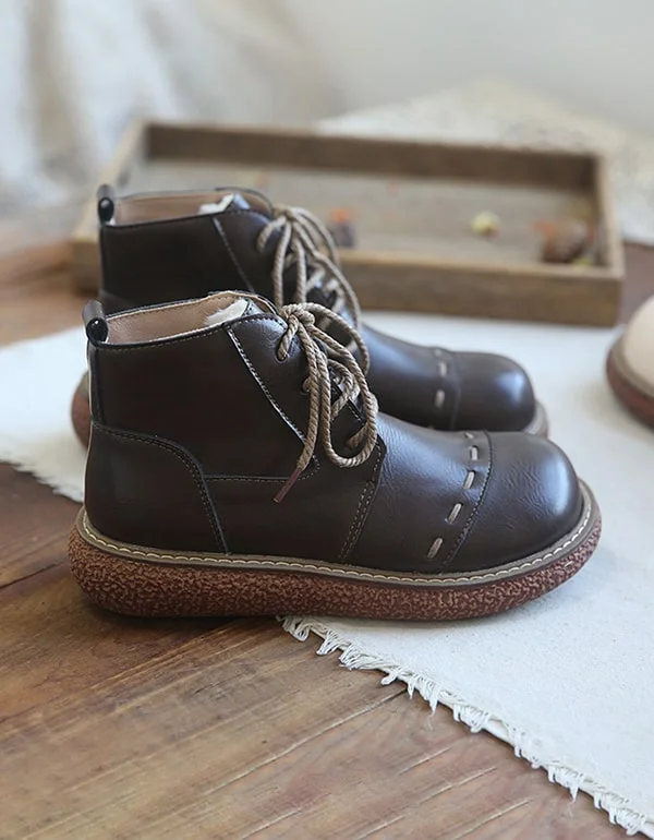 Boots with durable buzz-Round Head Smooth Leather Retro Platform Boots