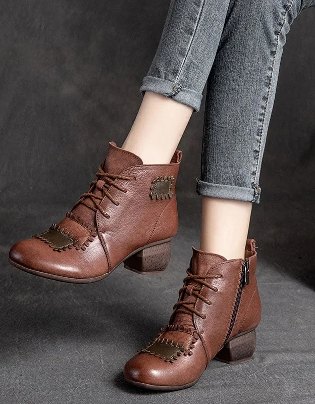 Boots with modern zap-Handmade Retro Leather Patch Chunky Boots