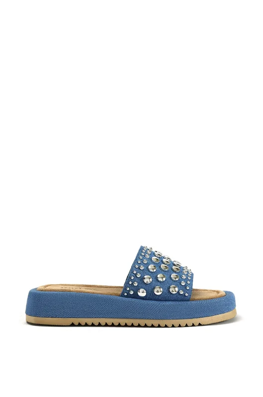 sandals with vintage charm-ESPINOSA-DENIM WESTERN STUDDED FLAT SANDAL