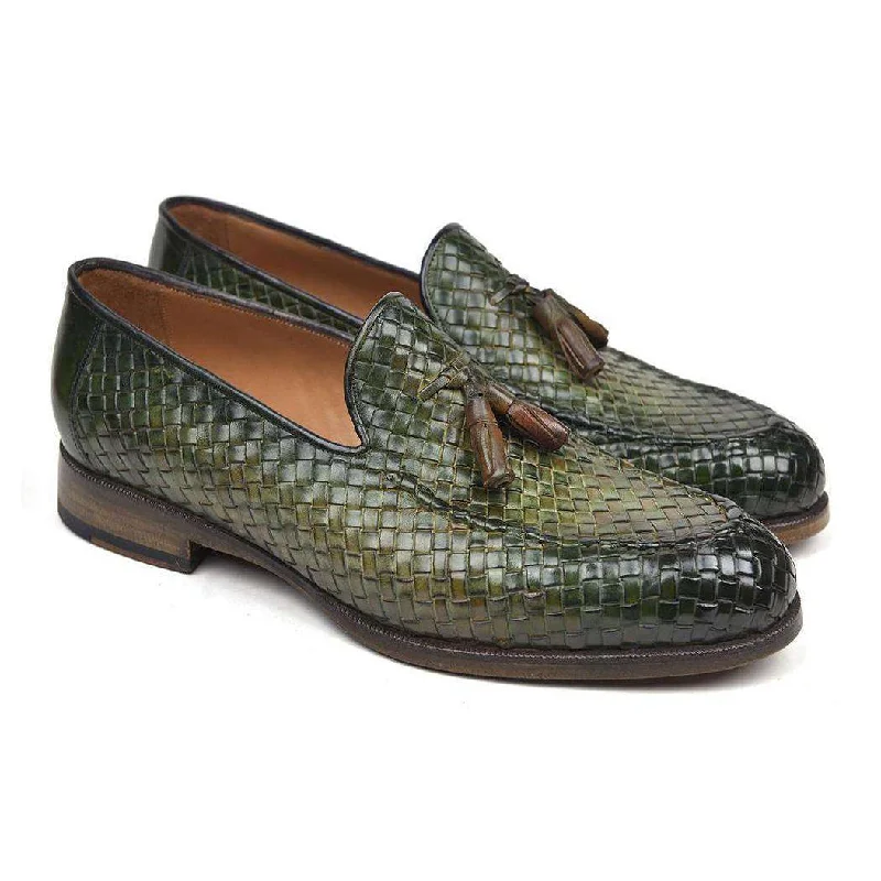 Loafers for dynamic routines-Paul Parkman Handmade Designer Shoes Woven Leather Tassel Green Loafers (PM5508)