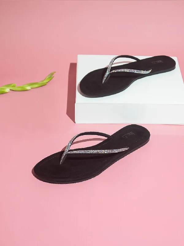 flats for holiday trips-Women Black Embellished Open Toe Flats