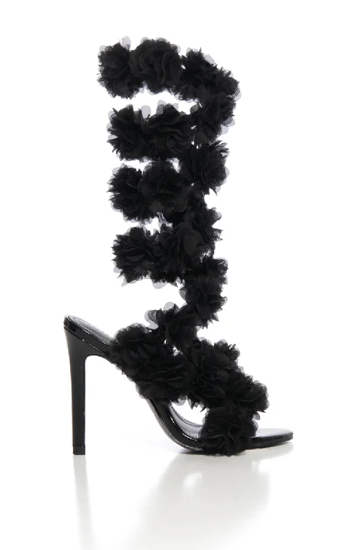 affordable sandals for families-THEODOSIA-BLACK ROSETTE STILETTO SANDAL