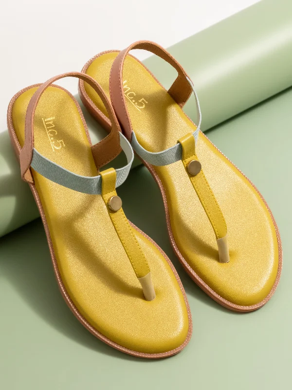 affordable flats for couples-Women Yellow And Peach Colourblocked T-Strap Flats