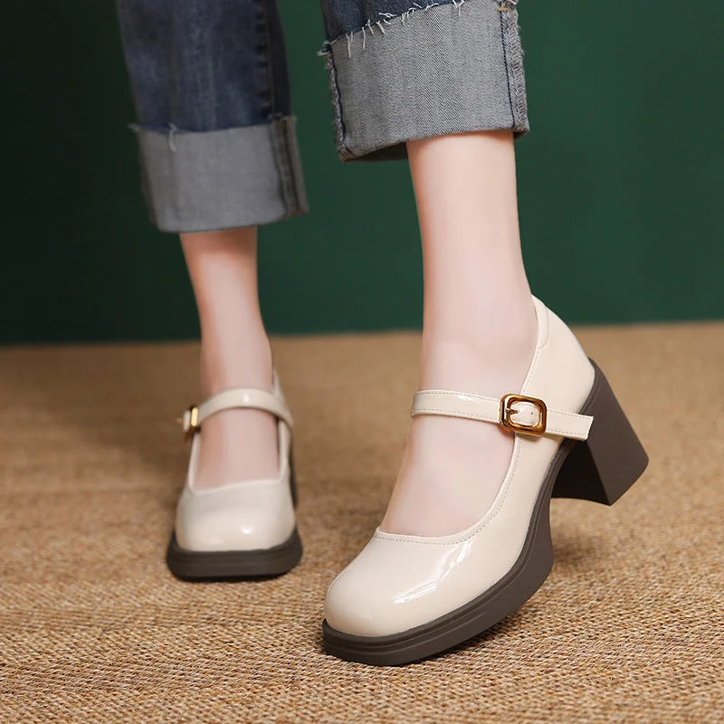 Mary Jane shoe for chic fitWomen Minimalism Leather Chunky Heel Mary Jane Shoes