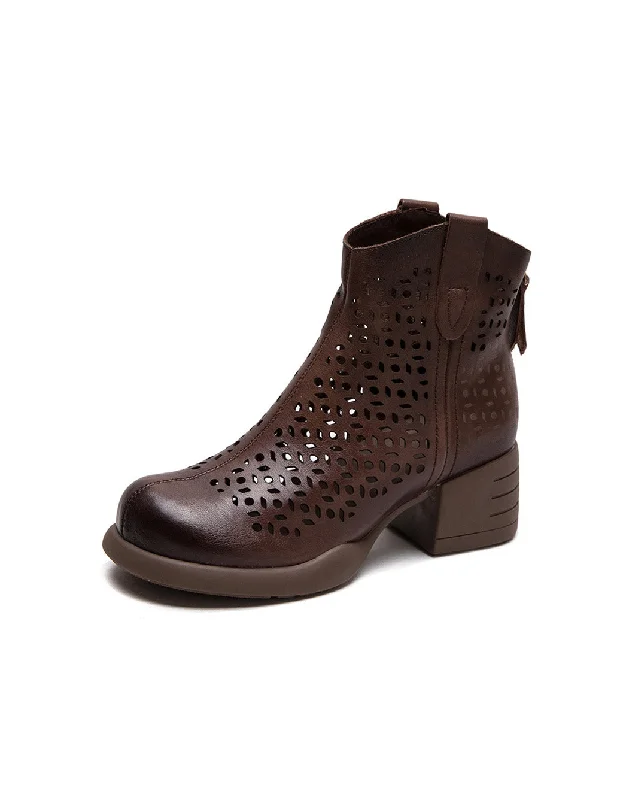 Boots with tough float-Retro Leather Hollow CHunky Heel Boots for Women