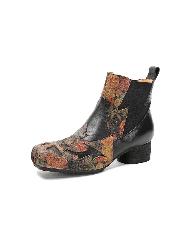 Boots with premium leather-Genuine Leather Ethnic Handmade Square Toe Chunky Heel Boots