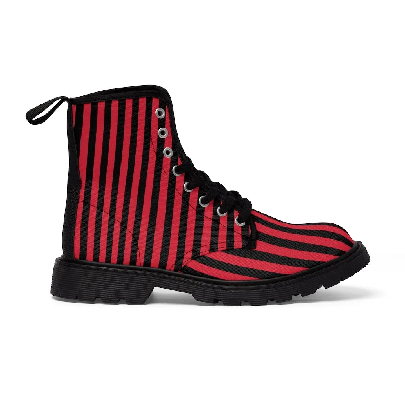 Boots with secure twist-Red Black Striped Ladies' Boots, Designer Modern Women's Canvas Hiker's Boots (US Size 6.5-11)