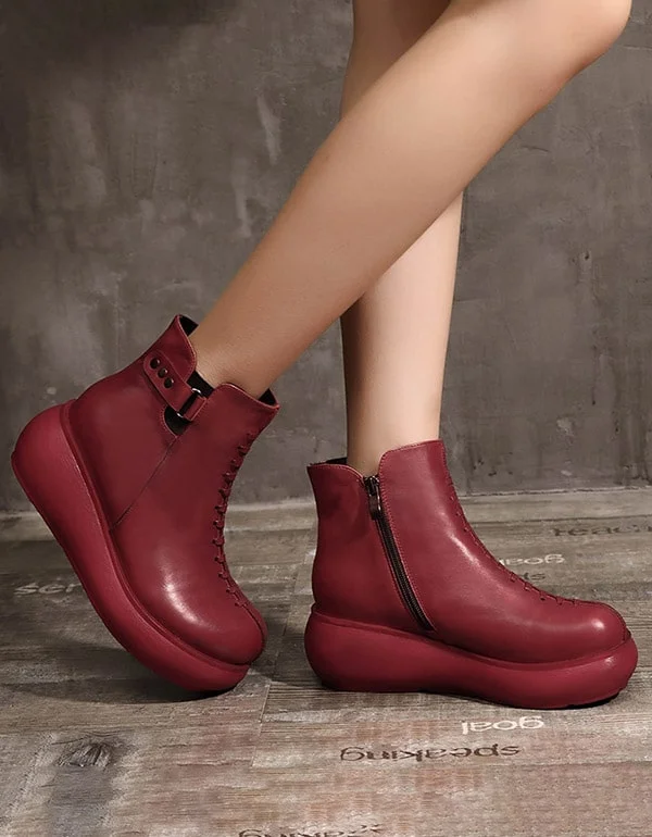 Boots with flexible drift-OBIONO Retro Leather Handmade Platform Boots