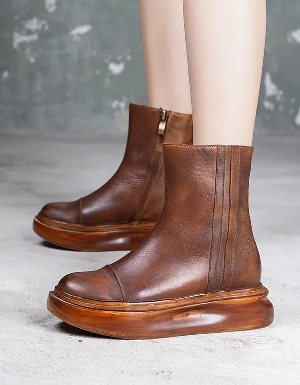 Boots for rainy float-Autumn Thick-soled Retro Leather Platform Boots