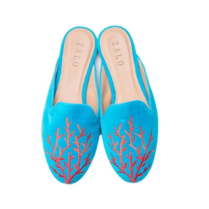 stripe subtle slippers-Coral Velvet Mule In Turquoise