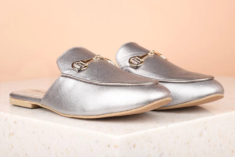 luxury flats with gym-Women Silver Embellished Mules with Buckles Flats