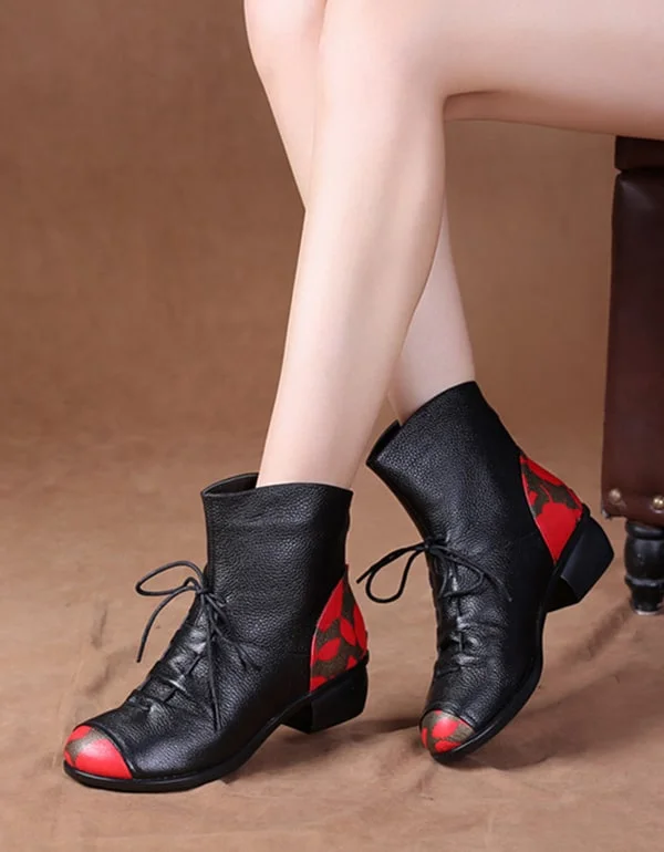 Boots for outdoor rush-Retro Ethnic Style Printed Leather Chunky Boots