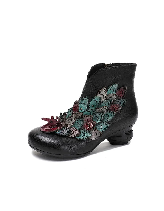 Boots for winter rush-Hand-rubbed Leather Peacock Vintage Chunky Heel Boots