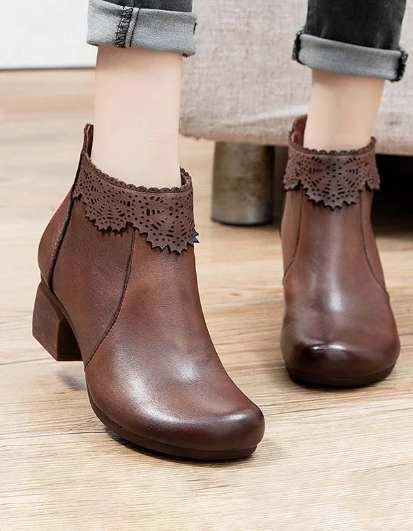 Boots with stylish zap-Handmade Carved Retro Leather Chunky Boots