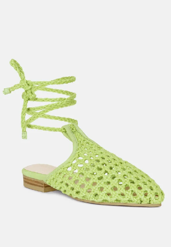 padded foam slippers-TUTSI Green Handwoven Honeycomb Tie Up Flat Mules