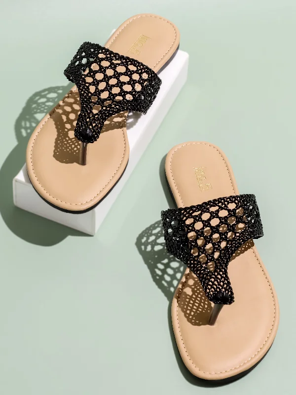 trendy flats for spring-Women Black Woven Design Open Toe Flats