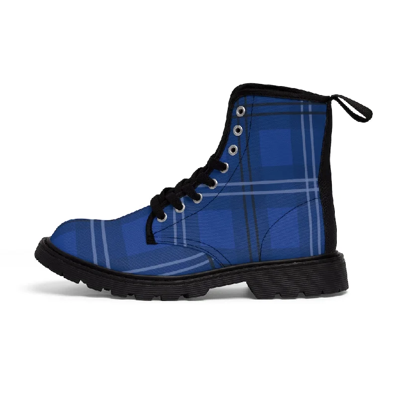 Boots for hiking twist-Blue Plaid Women's Canvas Boots, Royal Blue Tartan Plaid Print Designer Hiking Canvas Boots