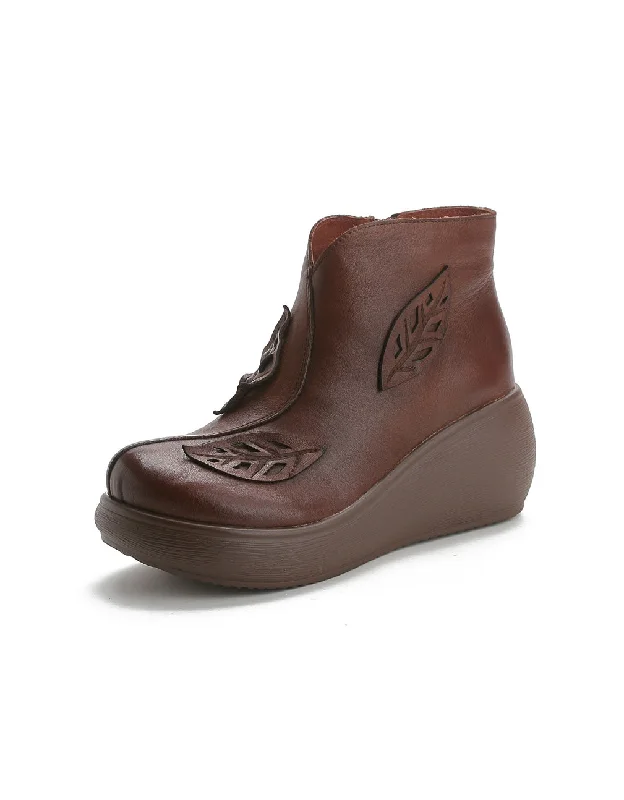 Boots with stylish float-Leaves Decor Waterproof Retro Wedge Boots