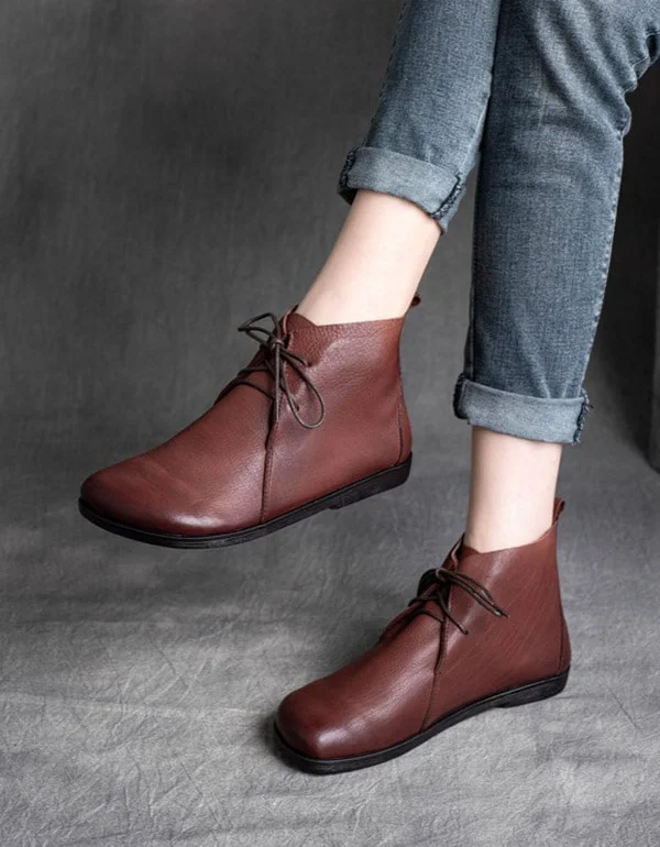 Boots for casual float-Genuine Leather Handmade Lace-Up Short Boots