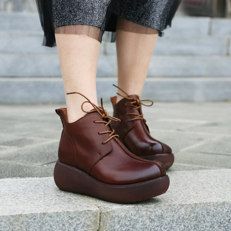 Boots with durable leather-Autumn Retro Leather Women's Wedge Boots