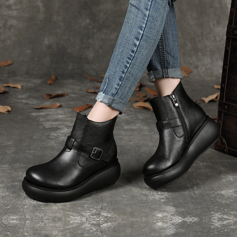 Boots with soft leather-Retro Wedge Buckle Women's Boots