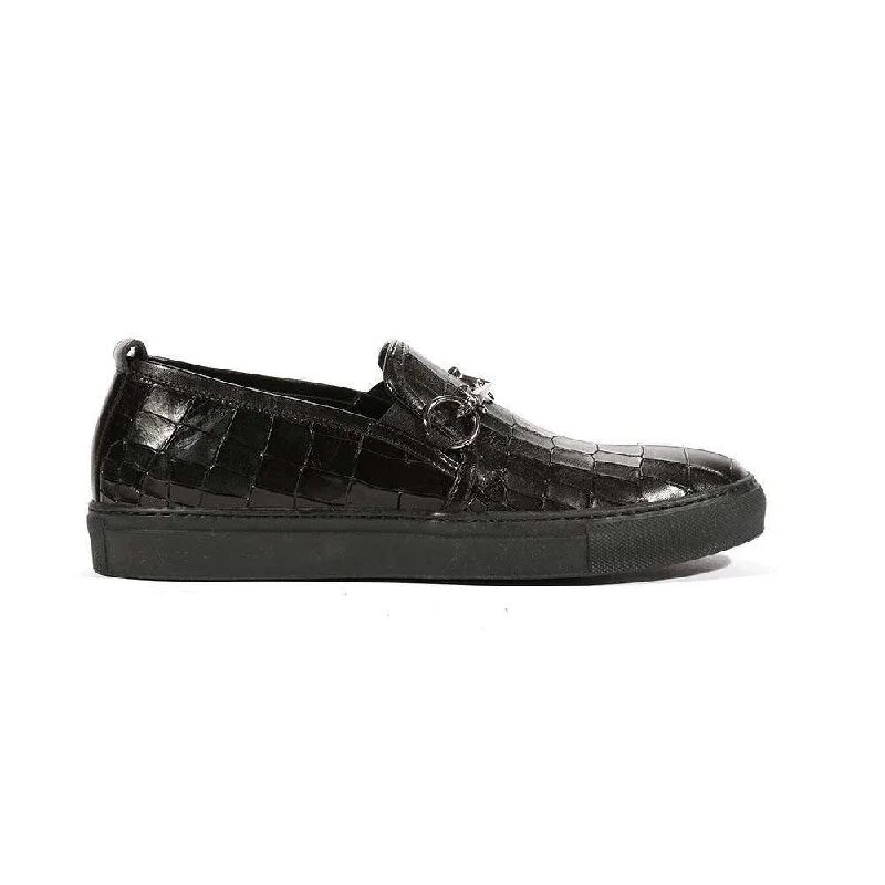 Loafers with foam cushioning-Cesare Paciotti Luxury Italian Men's Loafers Croc Print/Cocco Lux Black SP Designer Shoes (CPM5479)