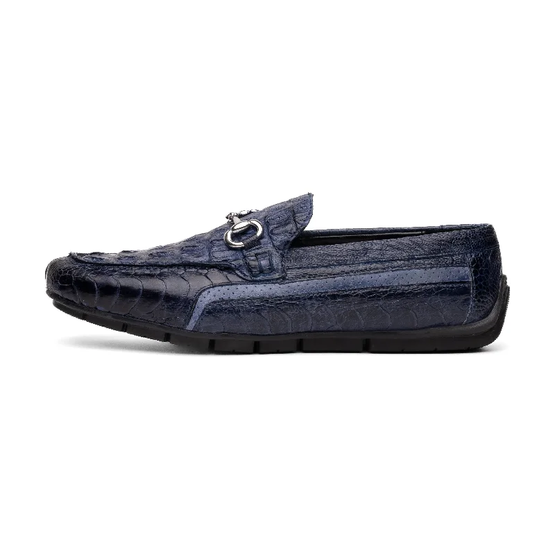 Loafers for cozy dinners-Mauri Polo 3501 Men's Shoes Wonder Blue Exotic Hornback / Ostrich Leg / Calf-Skin Leather Moccasin Driver Horsebit Loafers (MA5603)