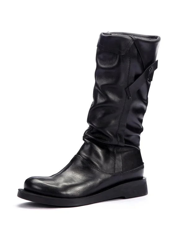 Boots with cushioned heel-Handmade Leather Retro Knee-High Boots