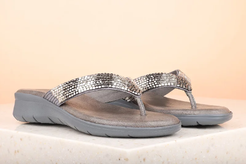 flats for seasonal stays-Women Pewter Embellished Open Toe Flats