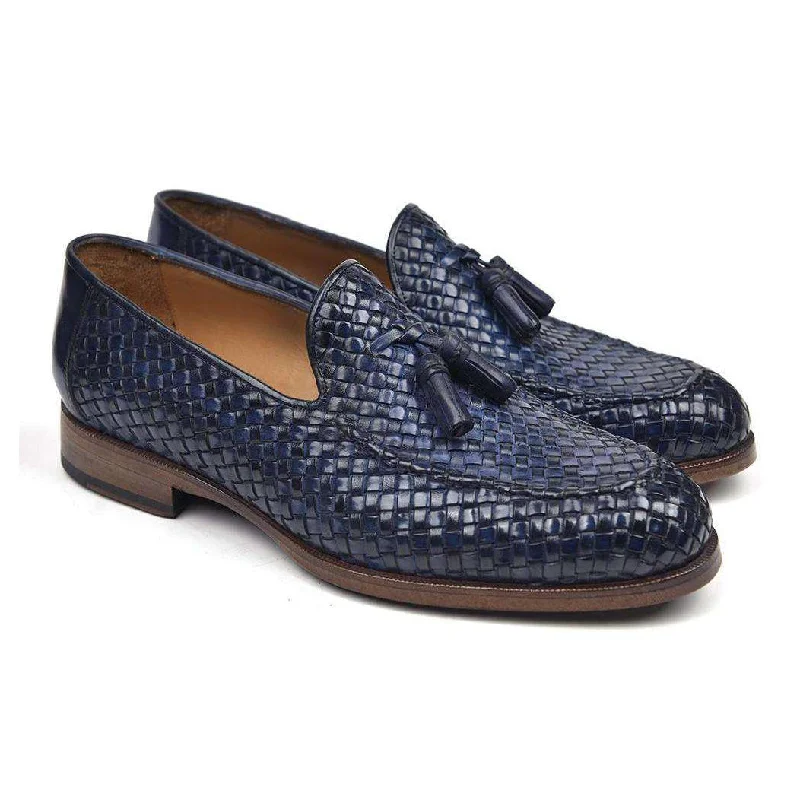 Loafers with textured patterns-Paul Parkman Handmade Designer Shoes Woven Leather Tassel Navy Loafers (PM5507)