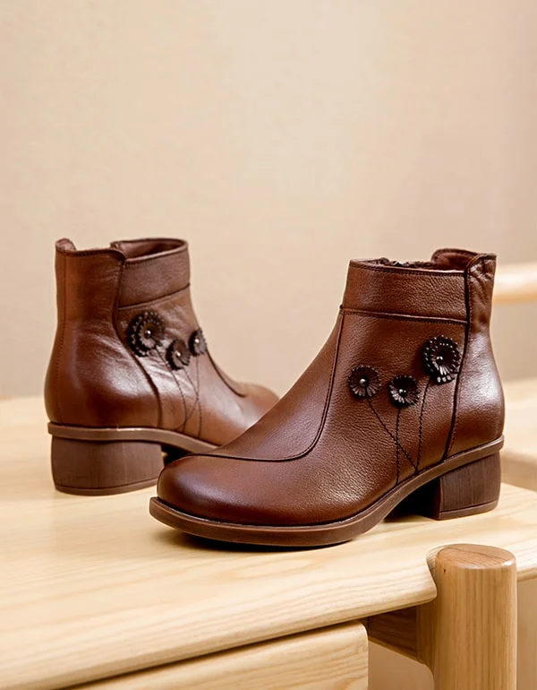 Boots with eco-friendly rush-Women Chunky heeled Retro Leather boots handmade