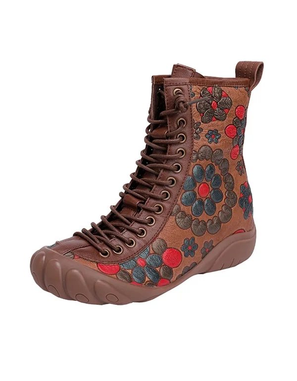 Boots for long breeze-Ethnic Style Lace-up Flower Printed Leather Boots