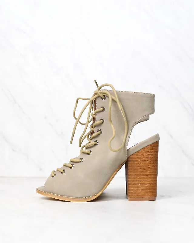 cushioned nude high heels-Minimalist Lace Up Peep Toe Heel in Beige