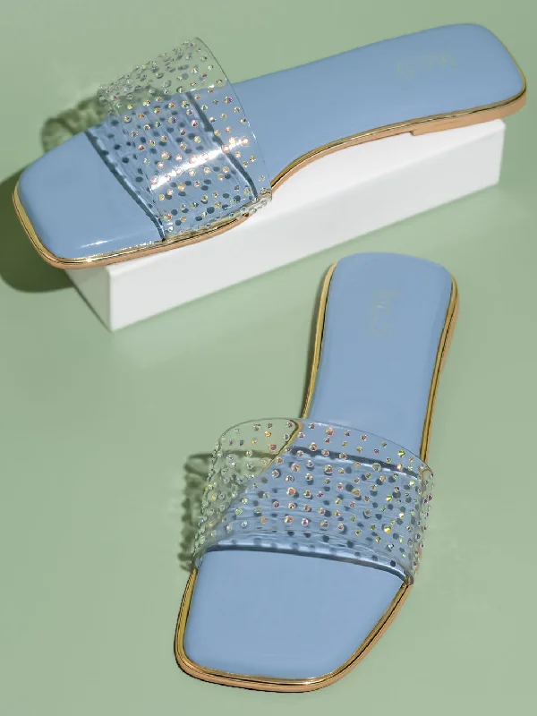 flats near art galleries-Women Blue Transparent Embellished Open Toe Flats