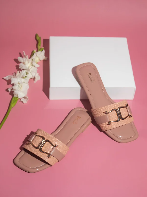 affordable flats for students-Women Peach-Coloured And Gold-Toned Buckled Open Toe Flats