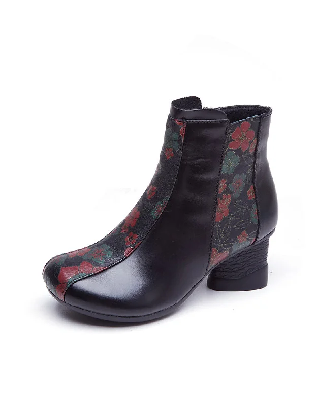 Boots for work breeze-Retro Leather Flower Printing Chunky Boots